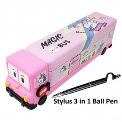 TECHNOCHITRA Combo for Bus Shape Metal Pencil Box with 3 in 1 Stylus Ball Pen, Pink