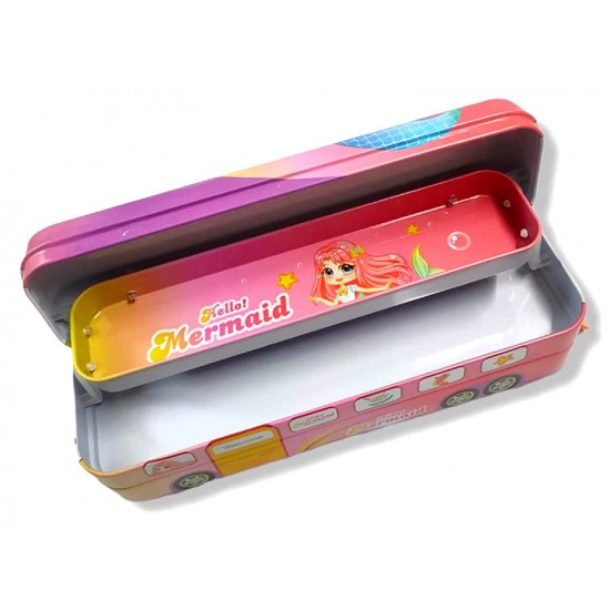 TECHNOCHITRA MINI Metal Bus Shape Pencil Box for Kids, Dual Space Pencil Box for Girls